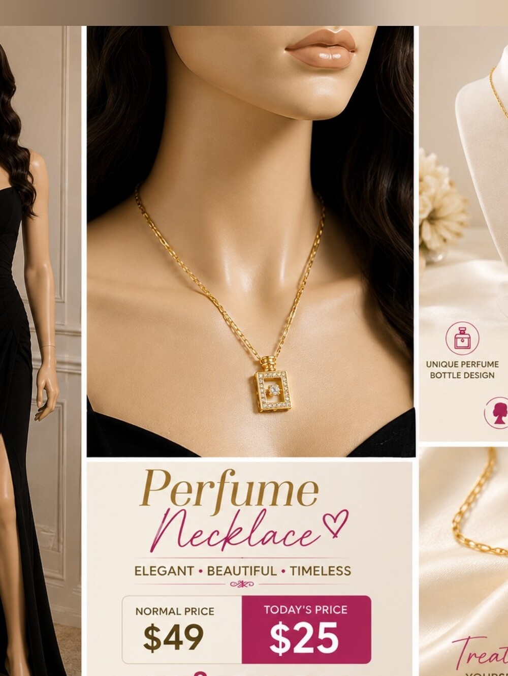 Elegant Gold-Tone Perfume Bottle Rhinestone Pendant Necklace for Women